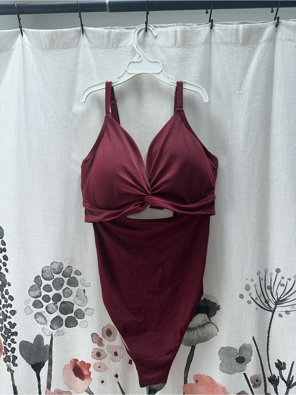 Shade & Shore Ribbed Twist-Front One-Piece Swimsuit in Burgundy